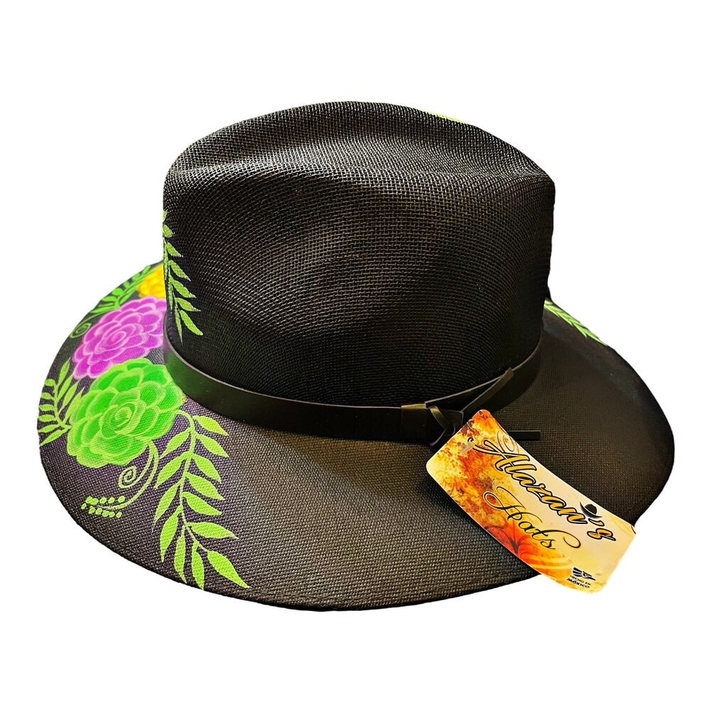 HAT MEXICAN Artisanal Hand Painted Fedora Floral Sombrero Panama Bohemian Black - Picture 3 of 9